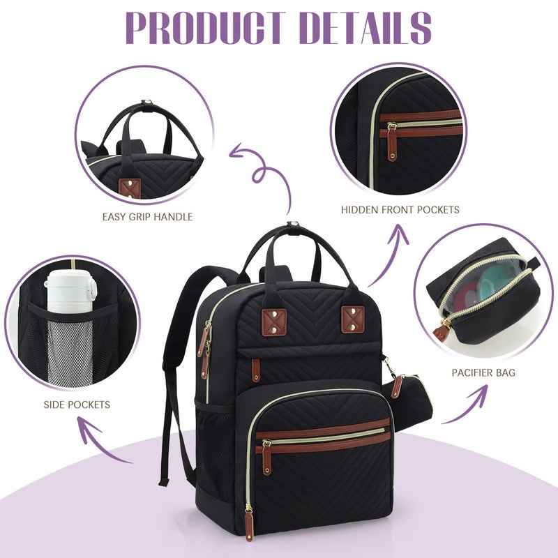 Tuwubi Diaper Bag Backpack, Baby Essentials Travel Tote Bag, Multi function Waterproof Backpacks, Travel Essentials with Stroller Straps & Pacifier Case - Black - Image 5